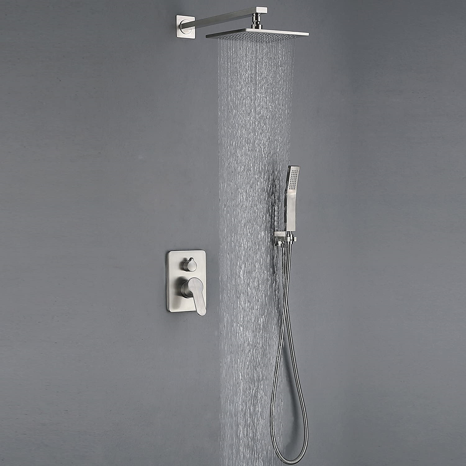 FontanaShowers Rain Shower Set Single Handle Thermostatic Valve Brushed Nickel Wall Mount Shower With Handshower